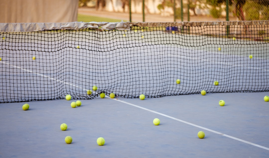 Tennis balls scattered across a court near the net.