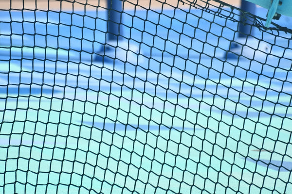 Black net in front of blue and green background