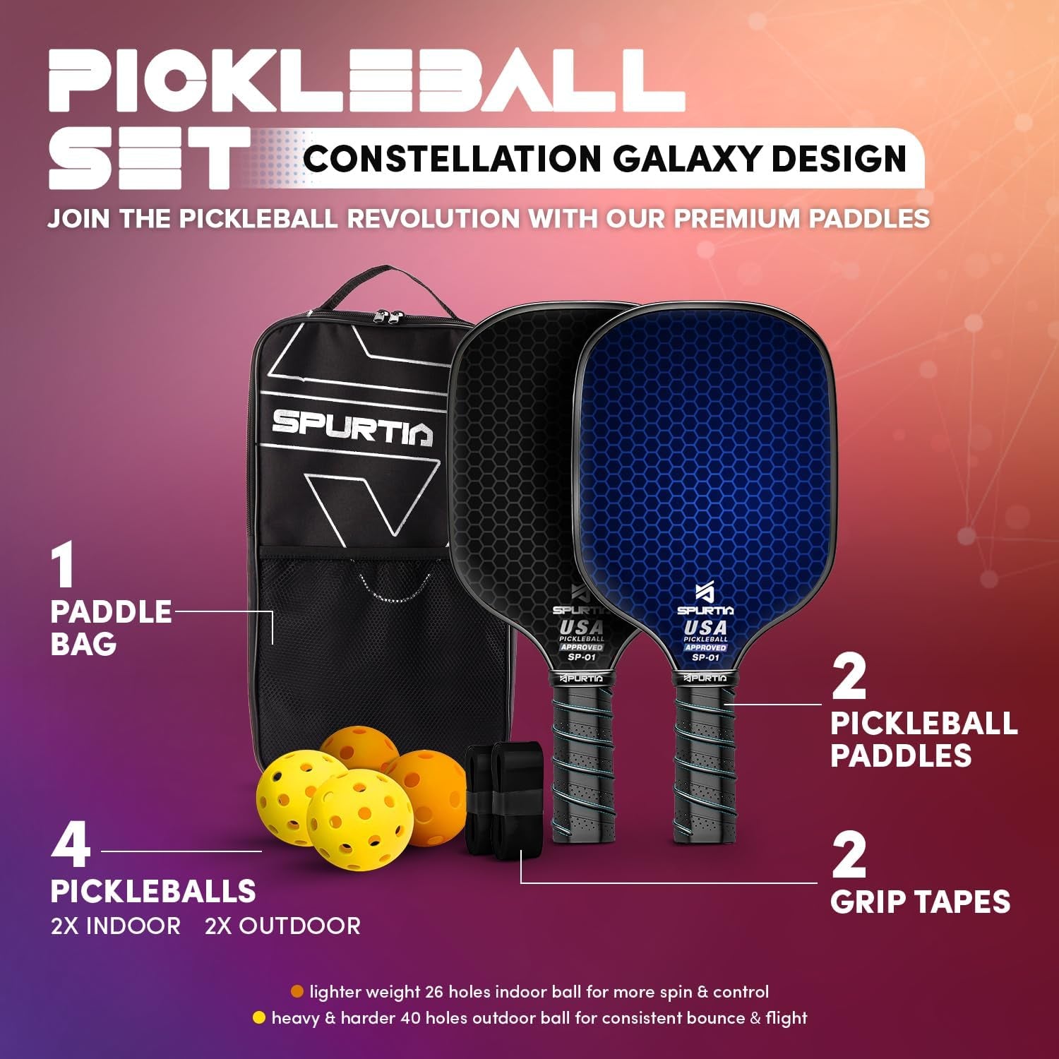 USAPA Approved Pickleball Paddle Set | Fiberglass Surface, with Balls, Grip Tapes & Carry Bag | Quiet, Lightweight Rackets for Men, Women & Beginners