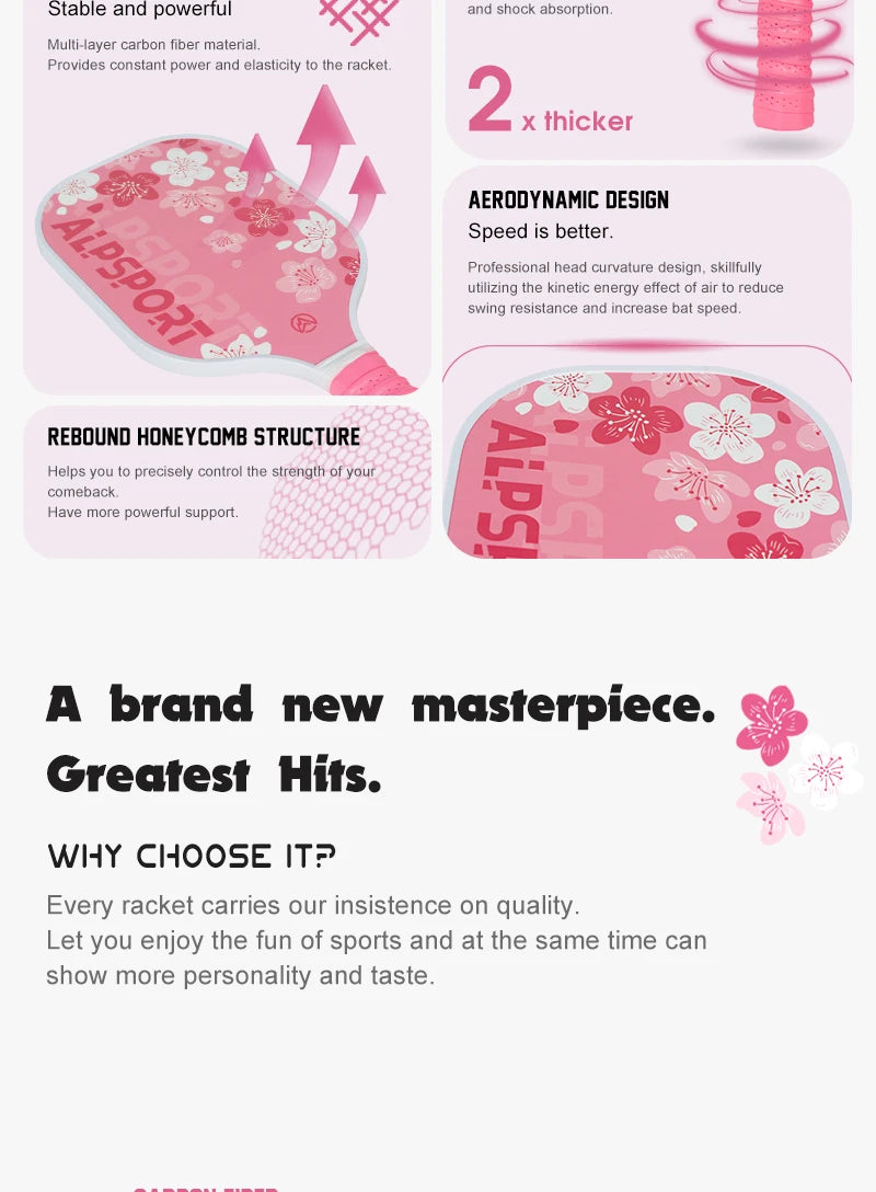 Pink Pickleball Paddle for Women, ALPSPORT Sakura Unibody T700 Carbon Fiber Paddle Set with Free Ball