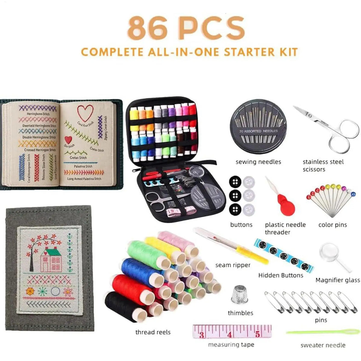 Hand Embroidery Book for Beginners - 106 Patterns with Instructional Tutorial, Magnetic Sewing Case