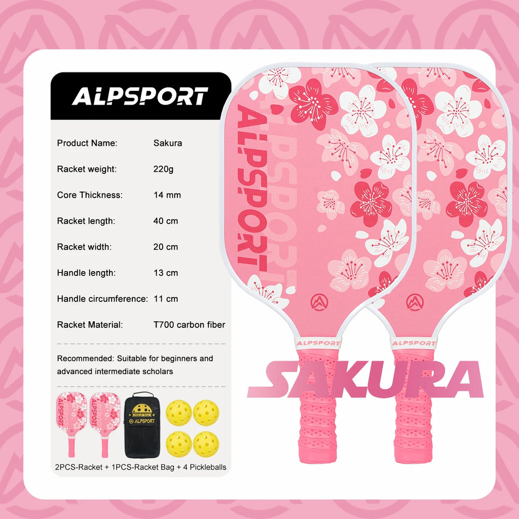 Pink Pickleball Paddle for Women, ALPSPORT Sakura Unibody T700 Carbon Fiber Paddle Set with Free Ball