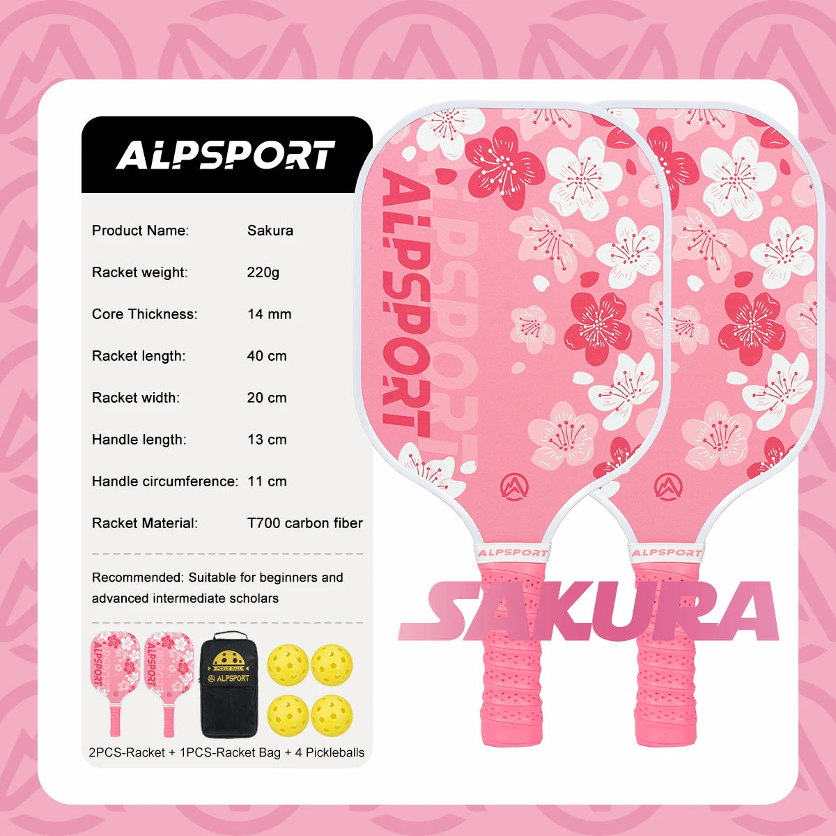 Pink Pickleball Paddle for Women, ALPSPORT Sakura Unibody T700 Carbon Fiber Paddle Set with Free Ball