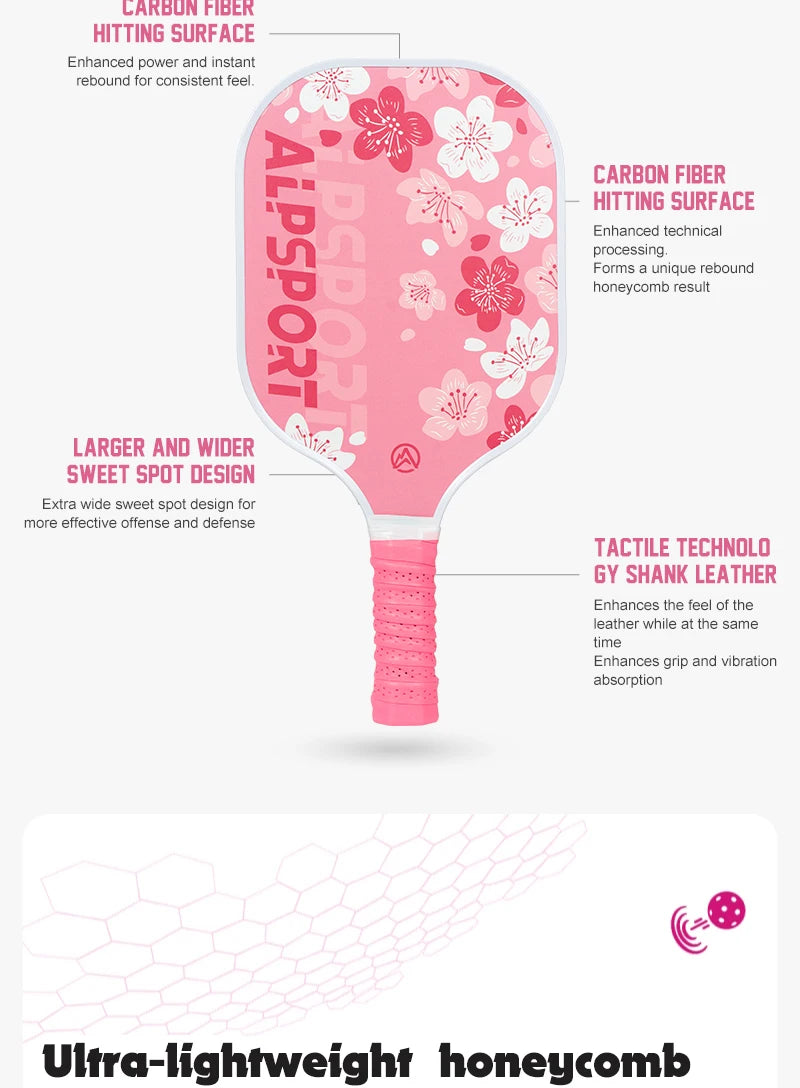 Pink Pickleball Paddle for Women, ALPSPORT Sakura Unibody T700 Carbon Fiber Paddle Set with Free Ball