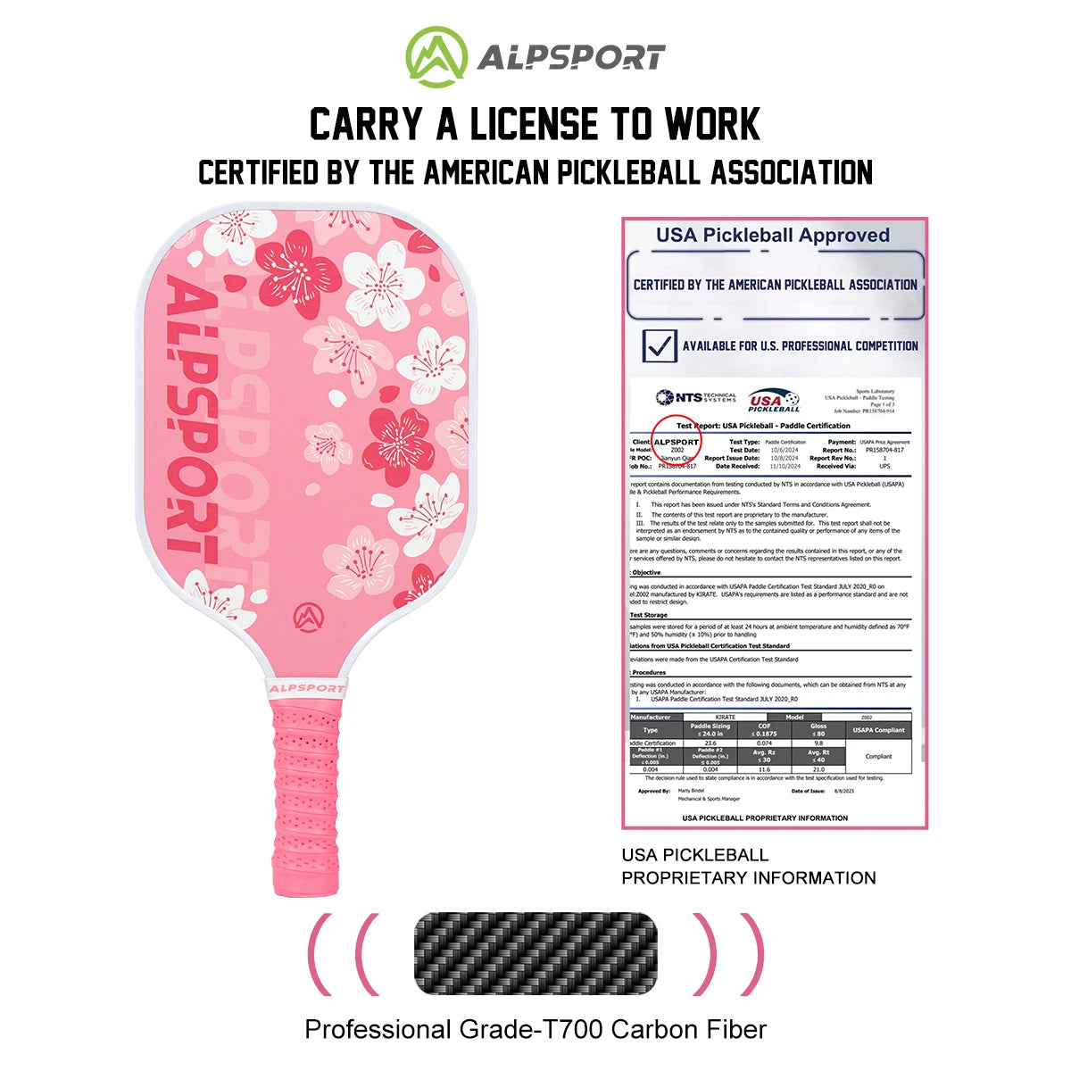 Pink Pickleball Paddle for Women, ALPSPORT Sakura Unibody T700 Carbon Fiber Paddle Set with Free Ball
