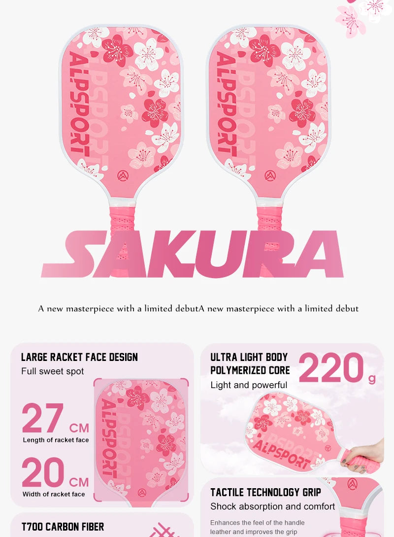 Pink Pickleball Paddle for Women, ALPSPORT Sakura Unibody T700 Carbon Fiber Paddle Set with Free Ball