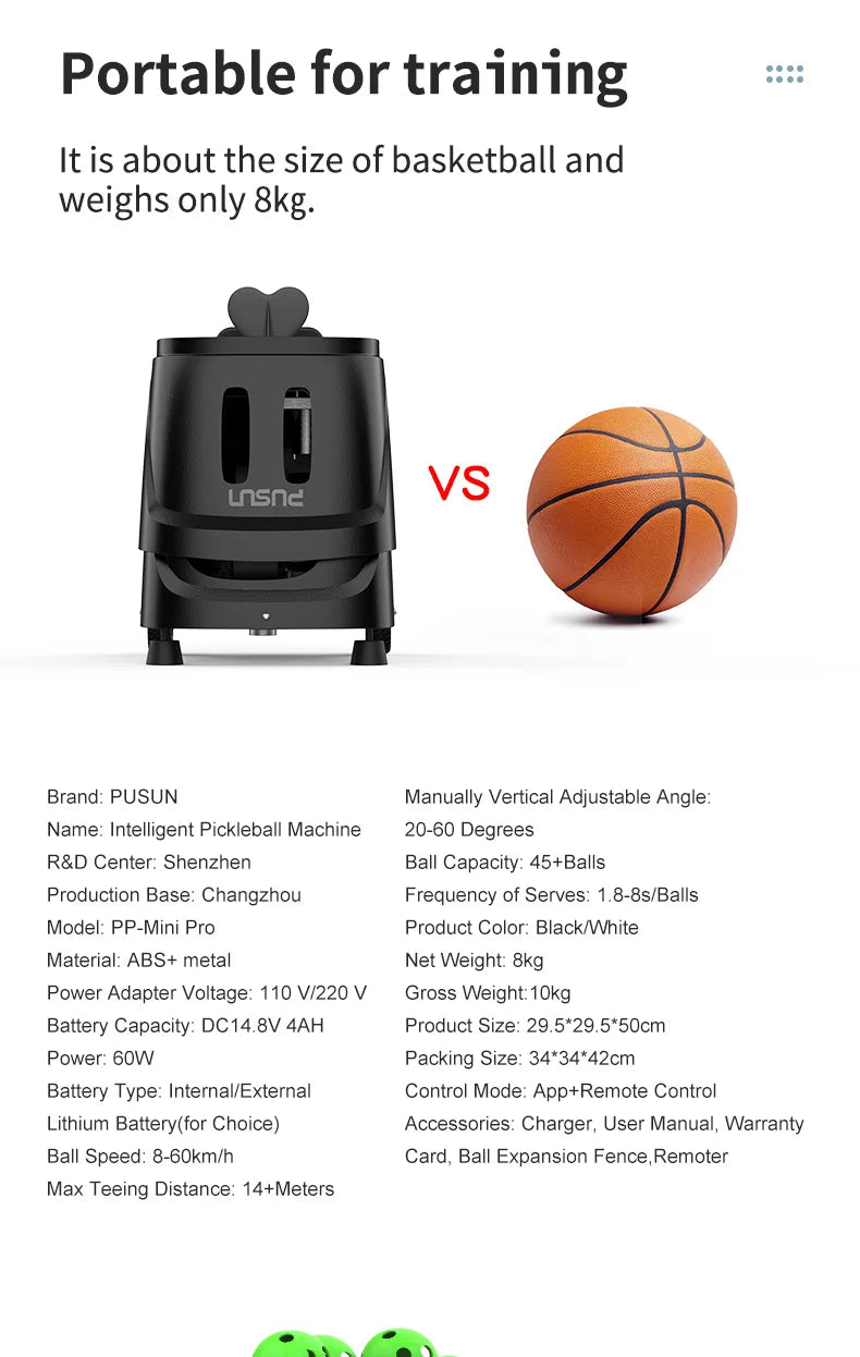 PUSUN PP-Mini Pro Pickleball Machine with App & Remote Control