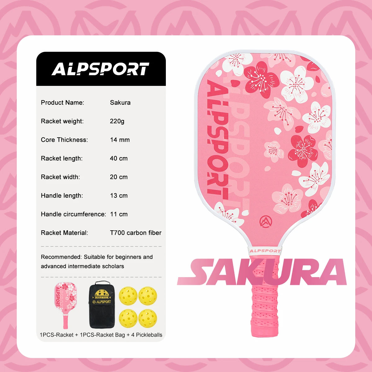 Pink Pickleball Paddle for Women, ALPSPORT Sakura Unibody T700 Carbon Fiber Paddle Set with Free Ball