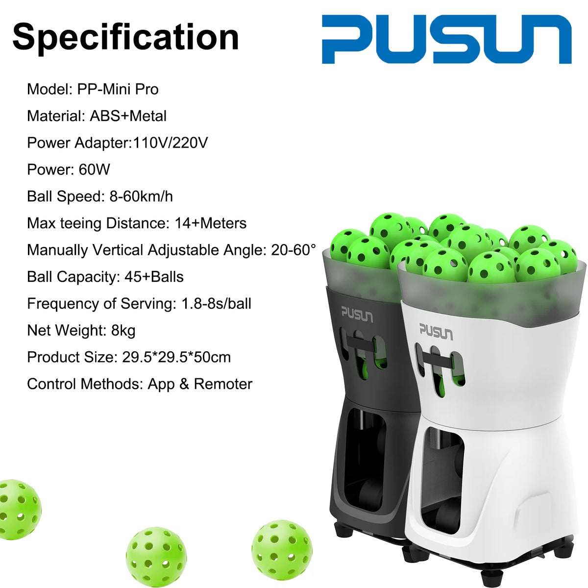 PUSUN PP-Mini Pro Pickleball Machine with App & Remote Control