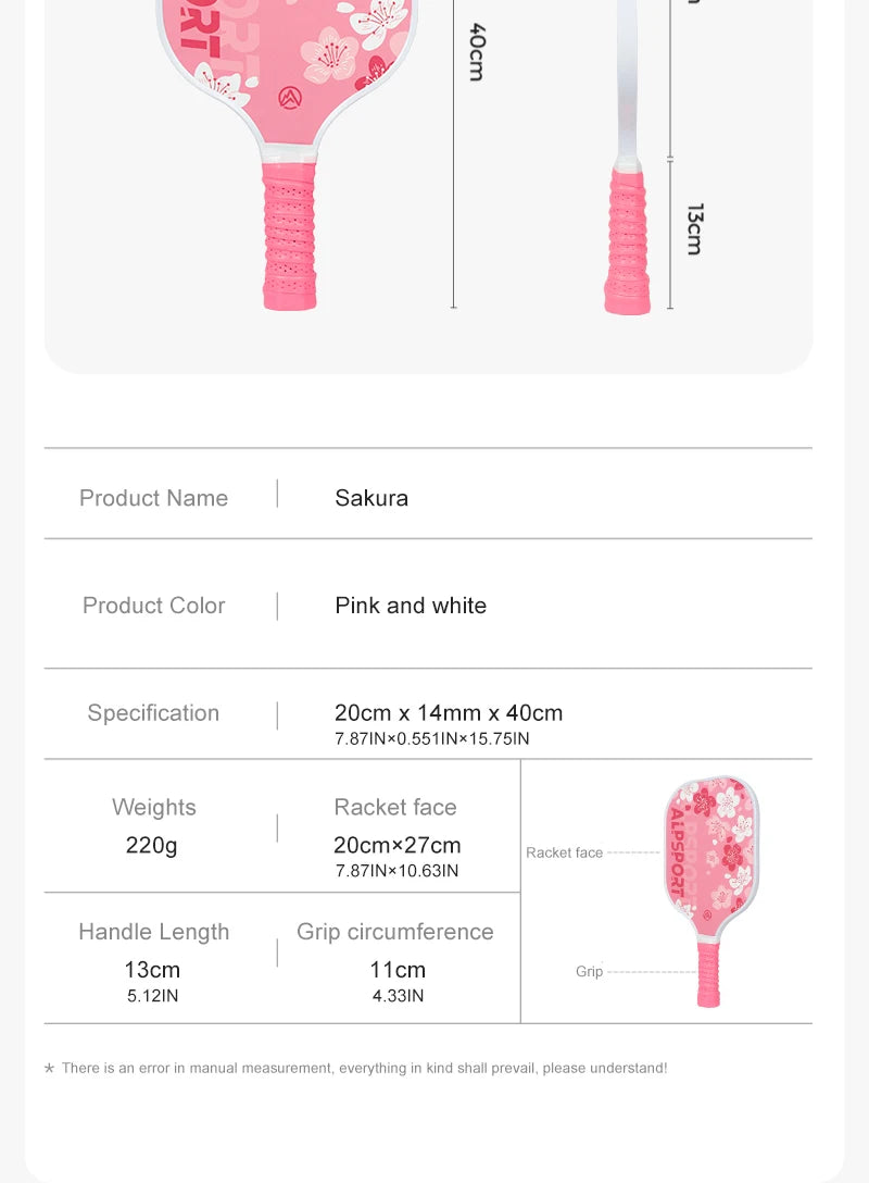 Pink Pickleball Paddle for Women, ALPSPORT Sakura Unibody T700 Carbon Fiber Paddle Set with Free Ball