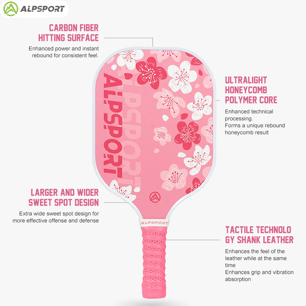 Pink Pickleball Paddle for Women, ALPSPORT Sakura Unibody T700 Carbon Fiber Paddle Set with Free Ball