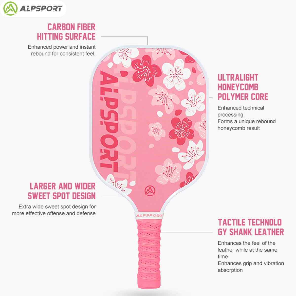 Pink Pickleball Paddle for Women, ALPSPORT Sakura Unibody T700 Carbon Fiber Paddle Set with Free Ball