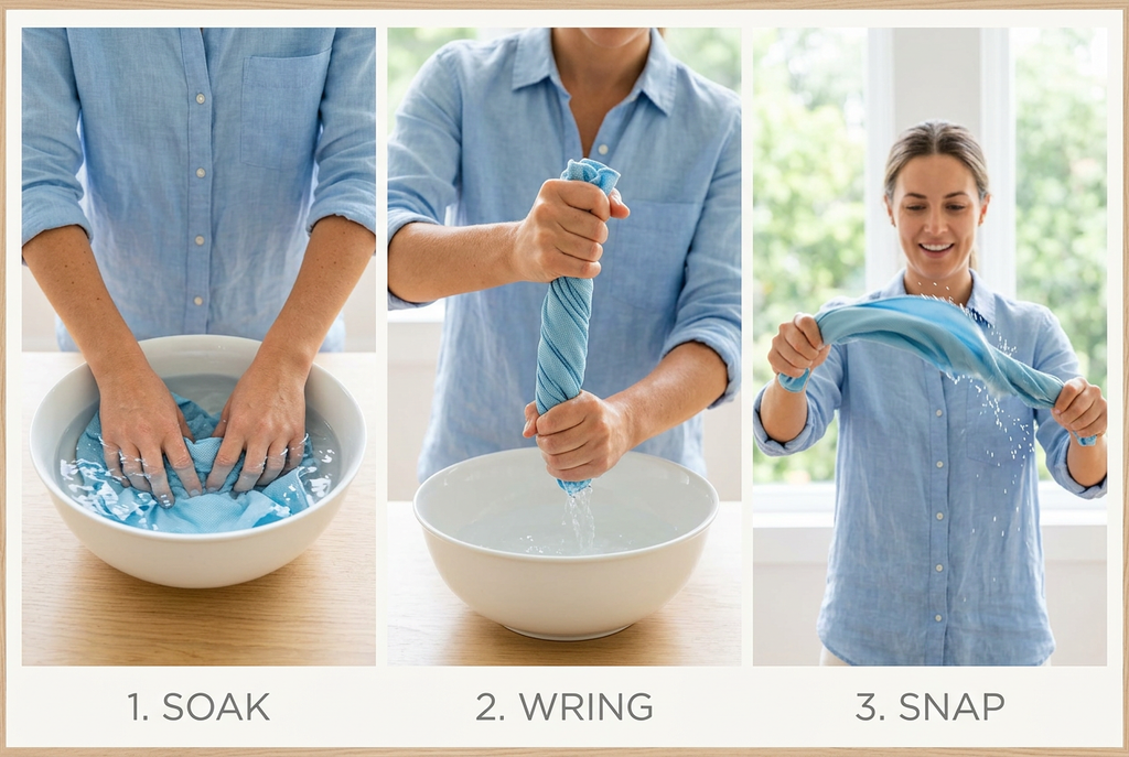 Three steps to activate the cooling neck towel: soak in water, wring out, and snap