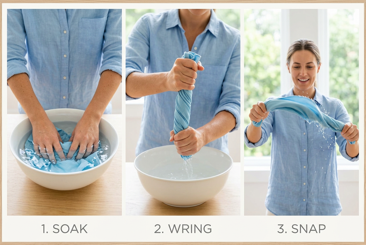 Three steps to activate the cooling neck towel: soak in water, wring out, and snap