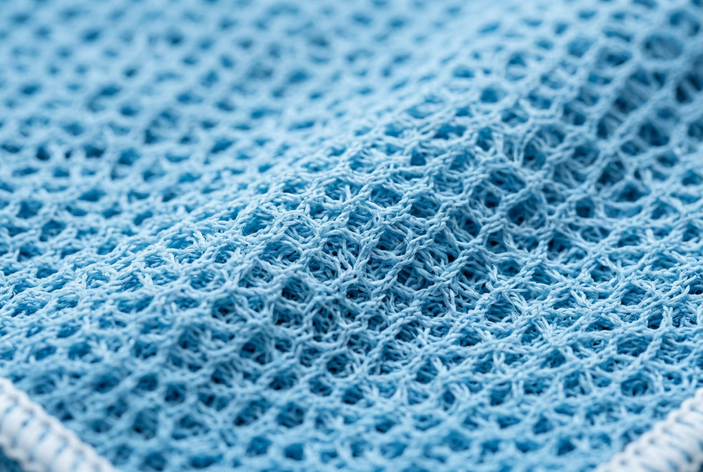 Close-up of the cooling neck towel's light blue microfiber weave and moisture-wicking texture