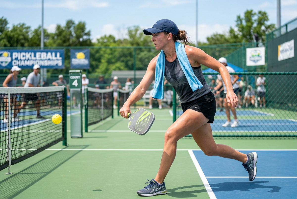 Pickleball player wearing a light blue cooling neck towel around her neck during an outdoor match